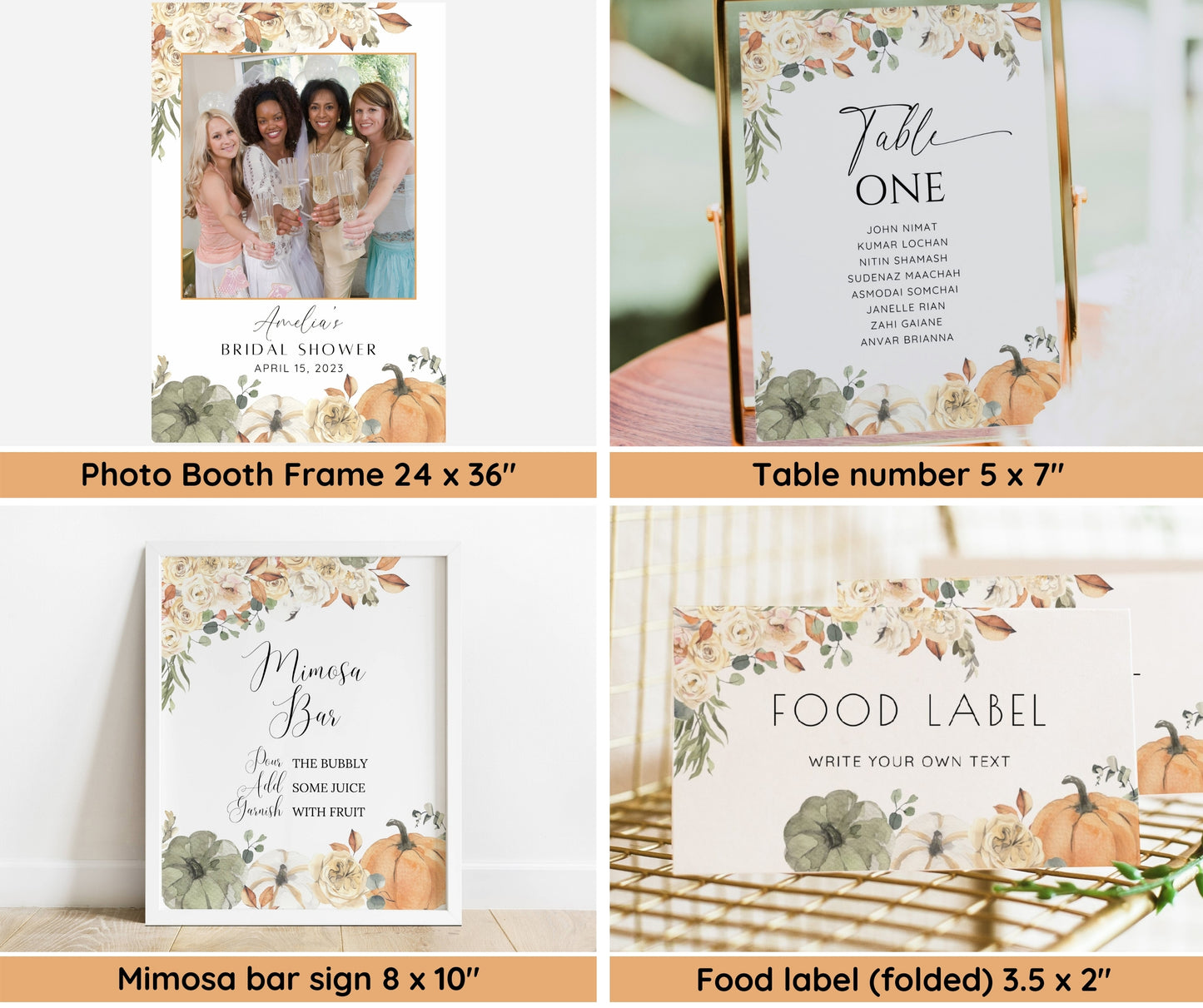 Fall in Love Bridal Shower Bundle, Autumn Bridal Shower Invitation & Games, Floral Pumpkin Wedding Shower Decor, Editable Canva Template