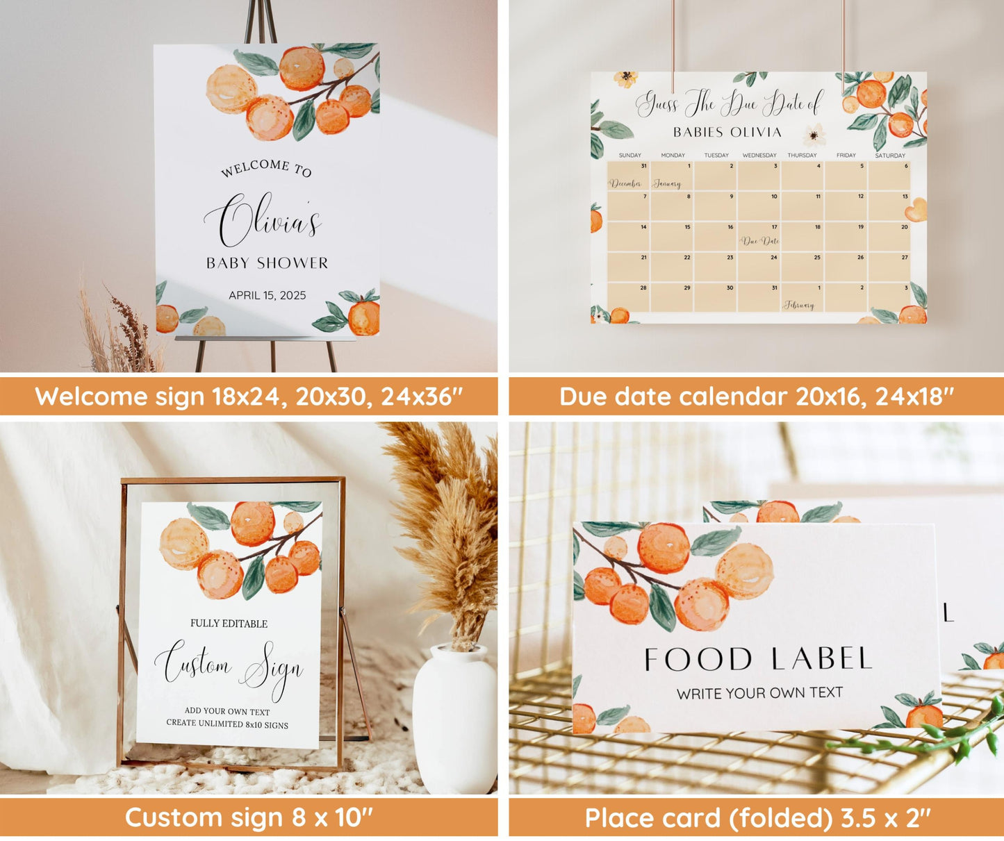 Two Little Cuties Baby Shower Invitation Bundle, Orange Theme Twin Baby Shower Invite, Little Cuties Baby Shower Invitation, Editable