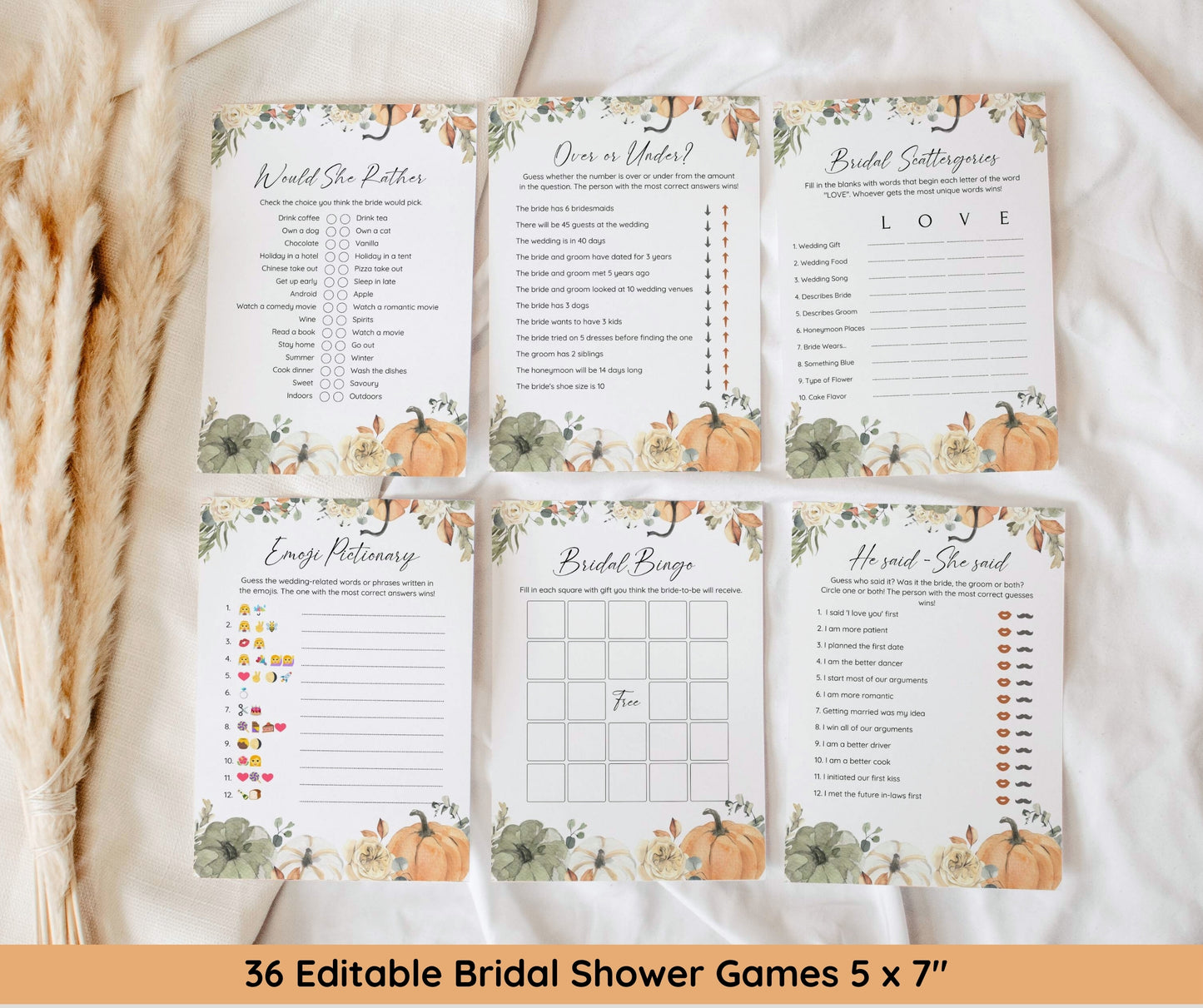 Fall in Love Bridal Shower Bundle, Autumn Bridal Shower Invitation & Games, Floral Pumpkin Wedding Shower Decor, Editable Canva Template