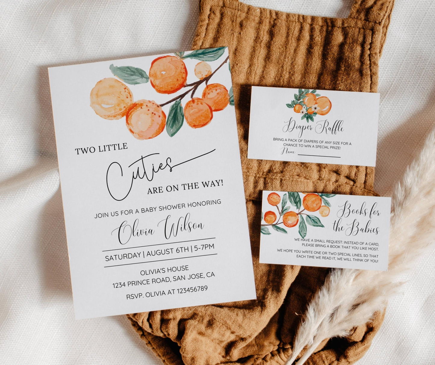Two Little Cuties Baby Shower Invitation Bundle, Orange Theme Twin Baby Shower Invite, Little Cuties Baby Shower Invitation, Editable