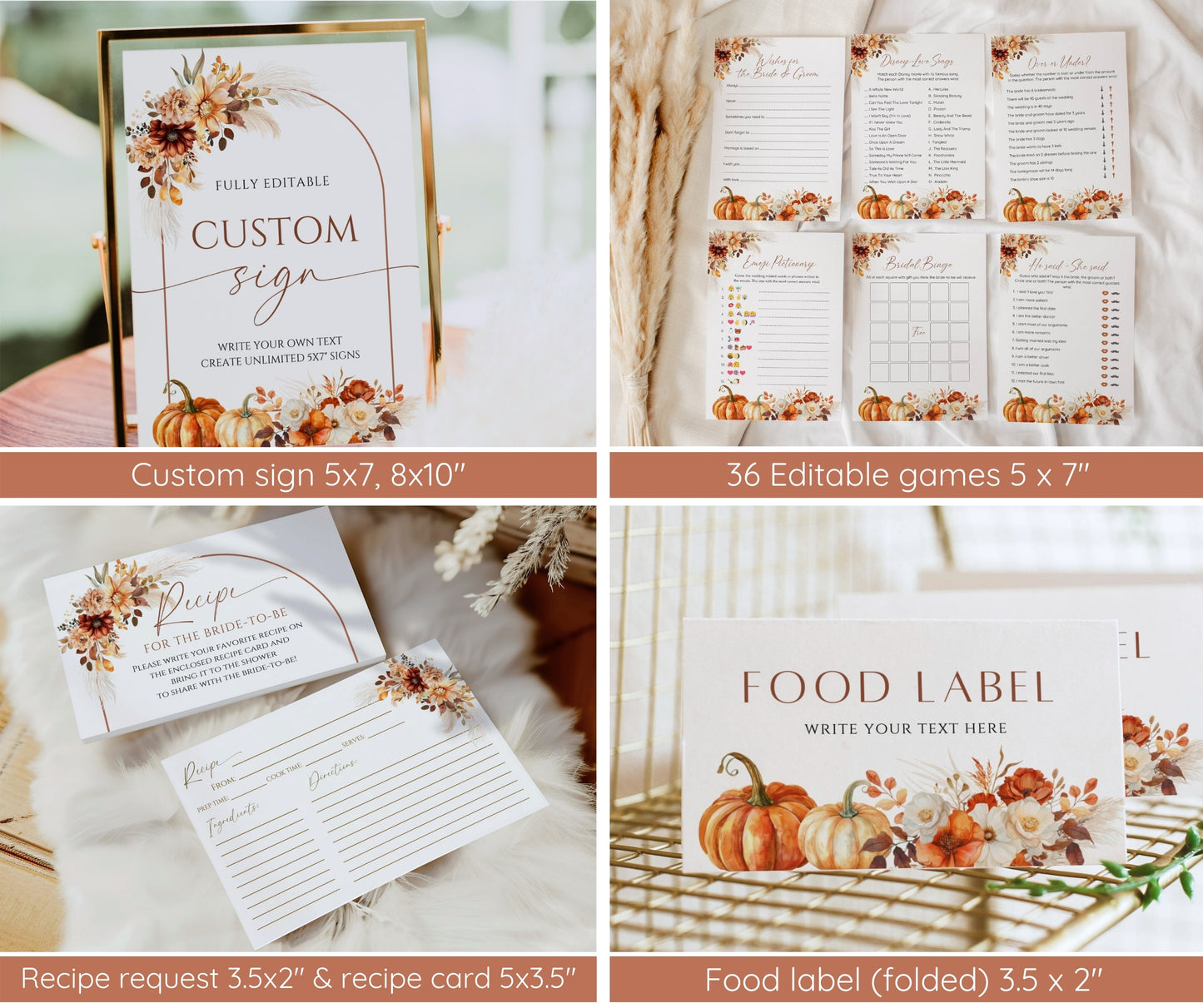 Fall in Love Bridal Shower Invitation Bundle, Pumpkin Bridal Shower Invite & Games, Pampas Floral Autumn Wedding Shower, Editable Template