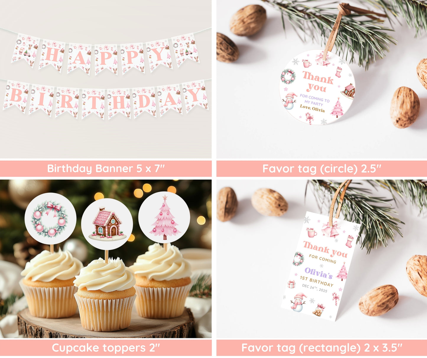 Christmas 1st Birthday Bundle, Oh What Fun It Is to Be One, Holiday Winter Girl Birthday Invitation & Decor, Pink December, Editable Template