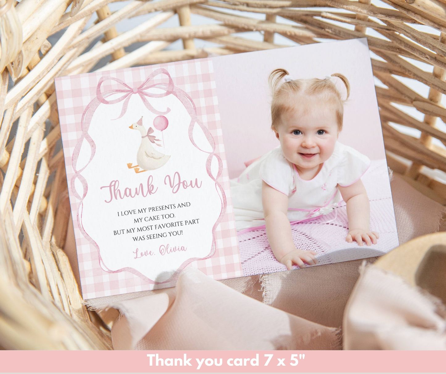One Silly Goose Birthday Bundle, Pink Bow Goose 1st Birthday Invitation Template, Coquette Gingham Girl First Birthday Decor, Editable Canva