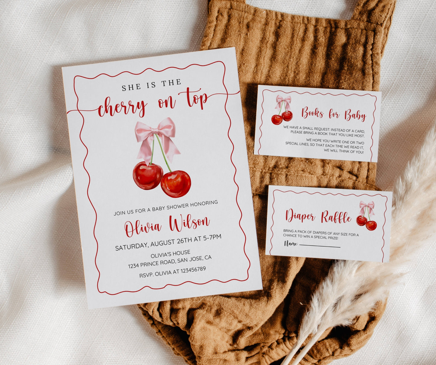 Cherry Baby Shower Invitation Bundle, Cherry on Top Invite Set, Coquette Pink Bow & Berries Girl Baby Shower, Editable Templates, Printable
