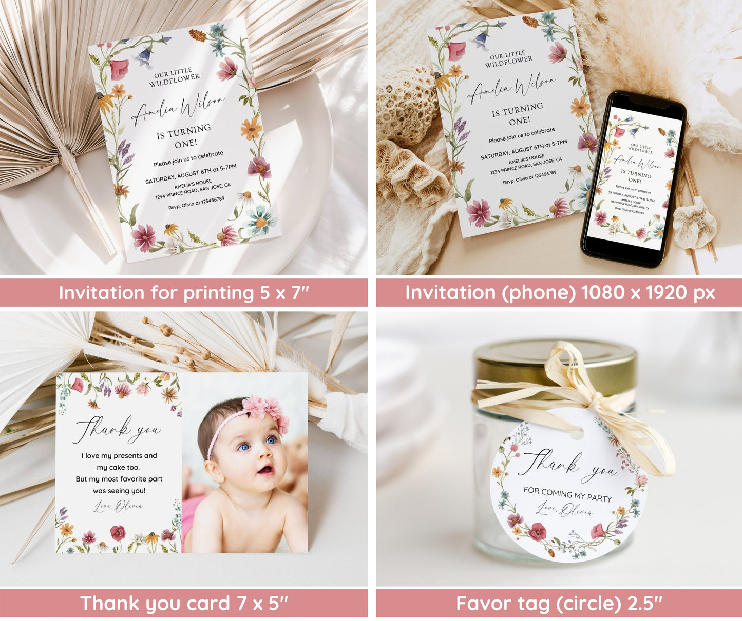 Wildflower Birthday Invitation Bundle, Little Wildflower First Birthday Invite Set, Girl 1st Birthday, First Birthday Decorations, Editable