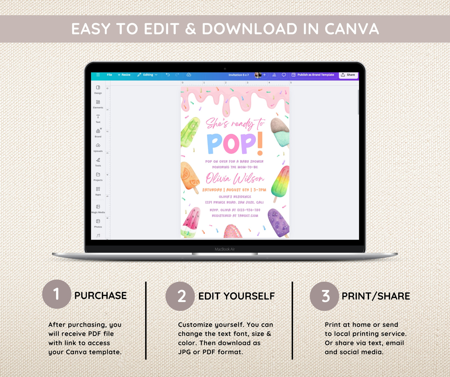 Popsicle Baby Shower Invitation Bundle, She's Ready to Pop Invite & Games, Ice Cream Baby Shower Girl, Editable Canva Template, Printable