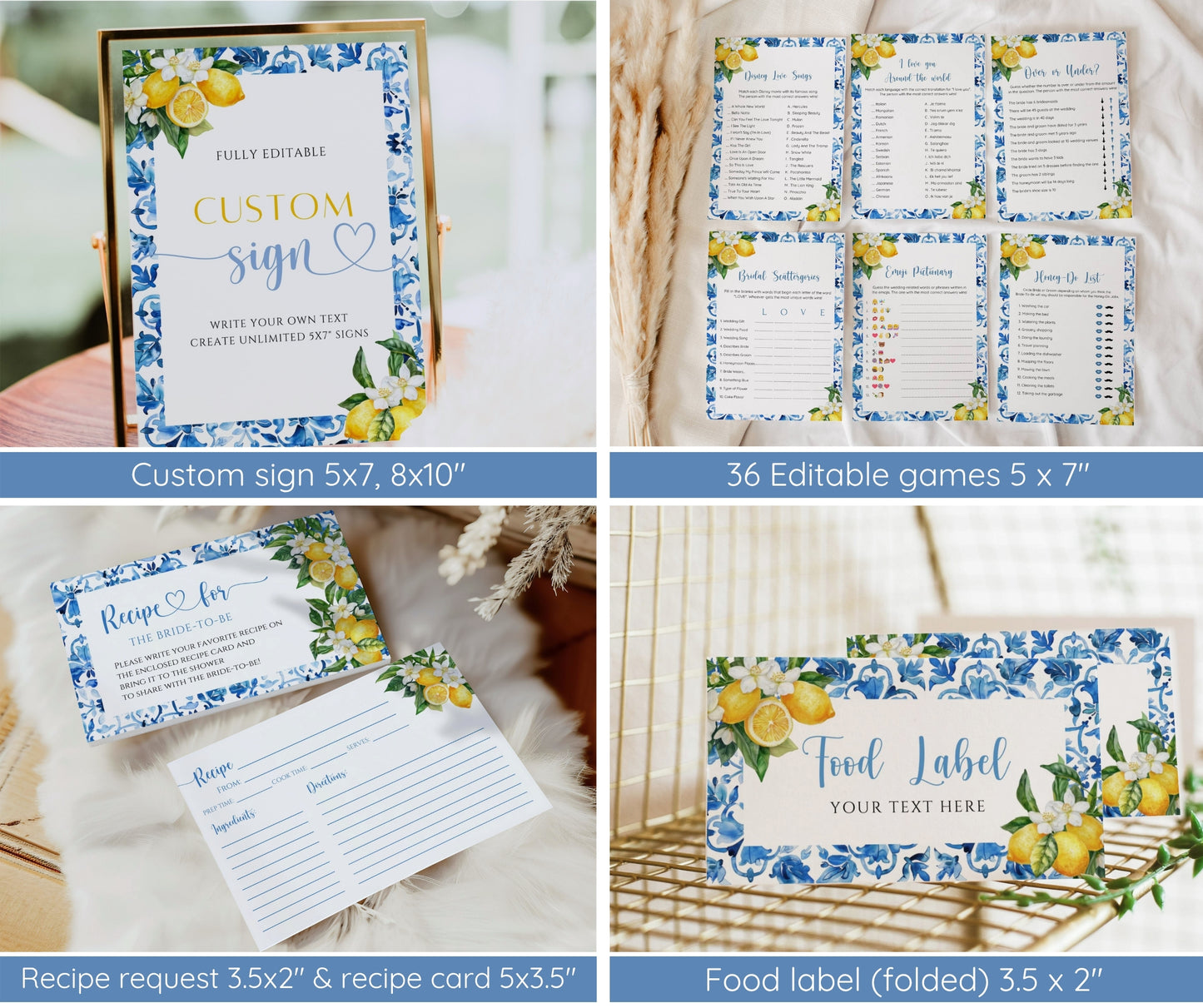 Mediterranean Lemon Bridal Shower Invitation Bundle, Main Squeeze Bridal Invite & Games, Italian Blue Tiles Amalfi Coast, Editable Template