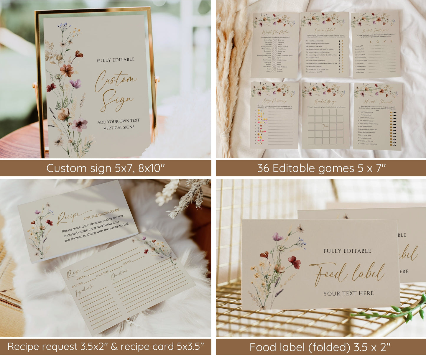 Fall in Love Bridal Shower Bundle, Autumn Wildflower Bridal Shower Invitation & Games Bundle, Boho Floral Wedding Shower, Editable Template