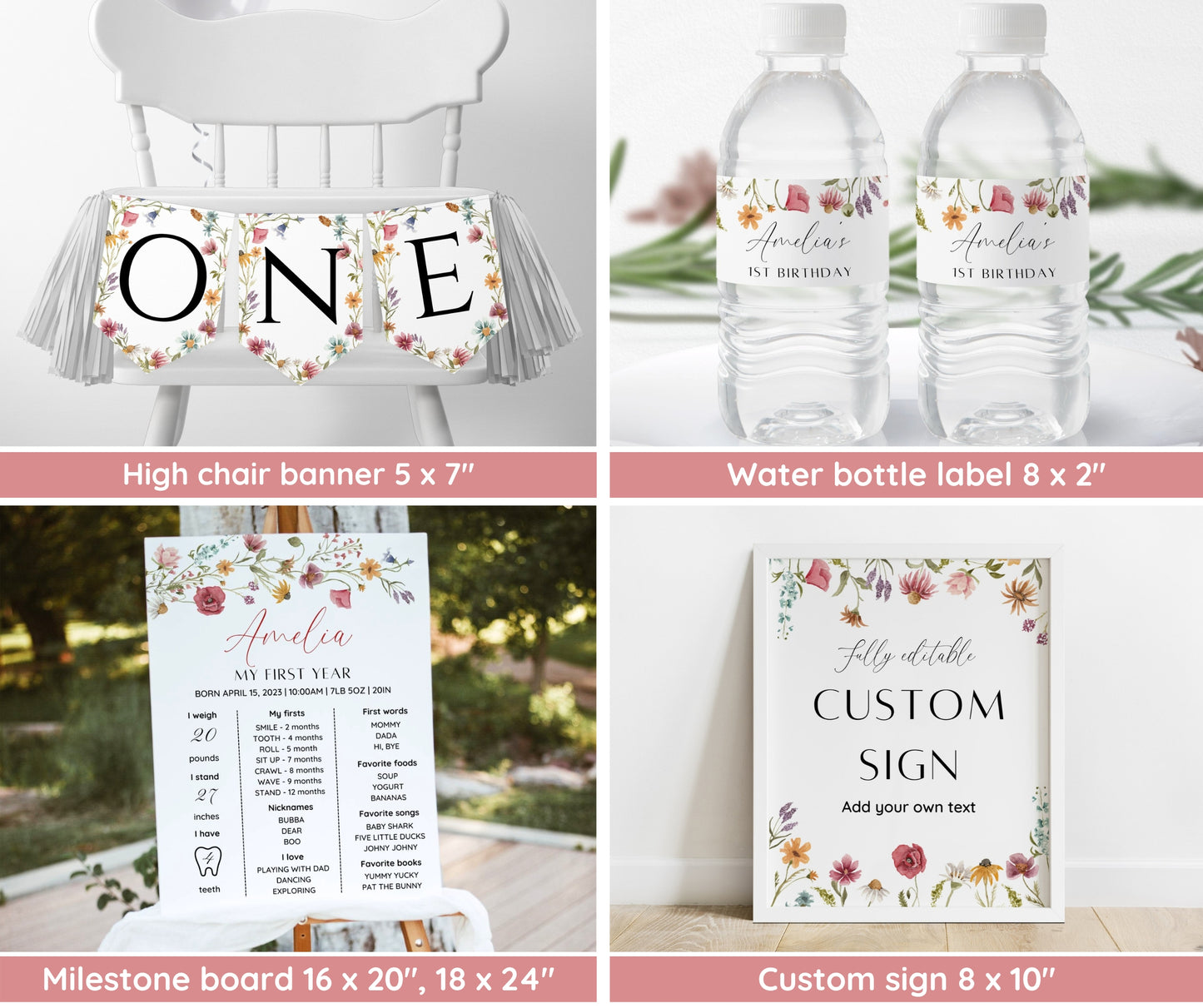 Wildflower Birthday Invitation Bundle, Little Wildflower First Birthday Invite Set, Girl 1st Birthday, First Birthday Decorations, Editable