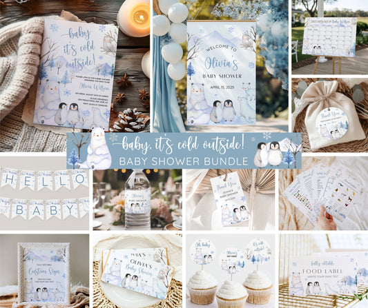 Winter Baby Shower Bundle, Baby It's Cold Outside Invitation & Games, Blue Snowflake Winter Wonderland Shower, Boy Baby, Editable Template