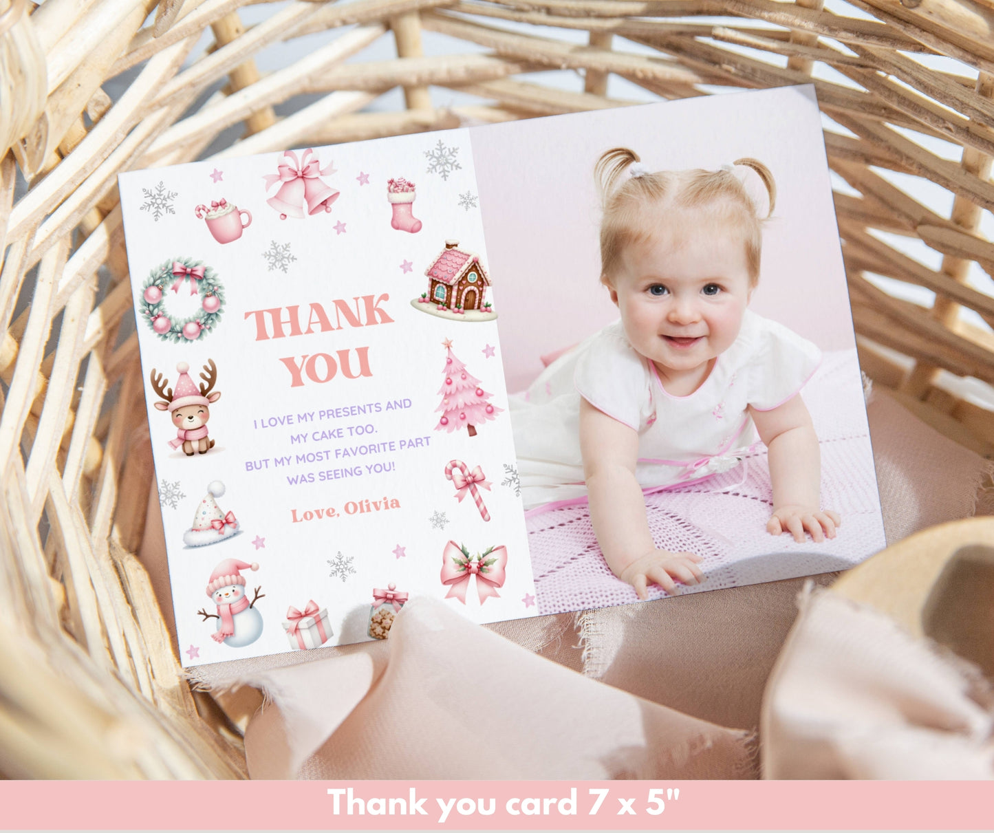 Christmas 1st Birthday Bundle, Oh What Fun It Is to Be One, Holiday Winter Girl Birthday Invitation & Decor, Pink December, Editable Template