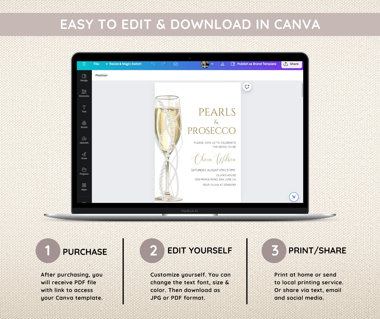 Pearls and Prosecco Bridal Shower Invitation Bundle, Minimalist Pearl Champagne Wedding Shower Invite Template, Welcome Sign, Games EDITABLE