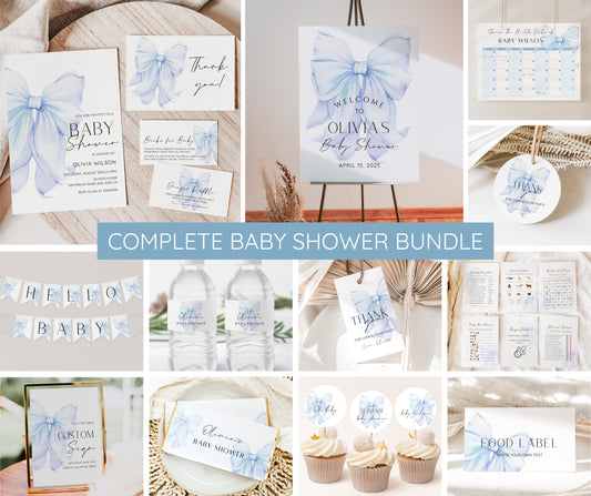 Blue Bow Baby Shower Invitation Bundle, Editable Blue Bow Invitation and Games, Elegant Blue Bow Baby Shower Decoration Baby Boy Printable