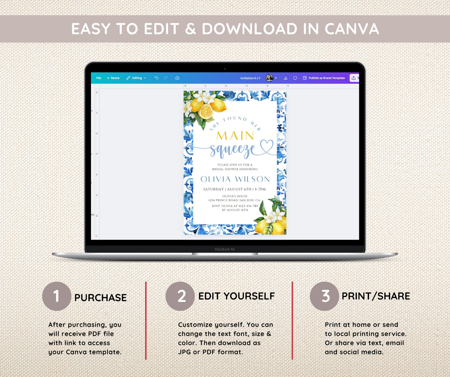 Mediterranean Lemon Bridal Shower Invitation Bundle, Main Squeeze Bridal Invite & Games, Italian Blue Tiles Amalfi Coast, Editable Template
