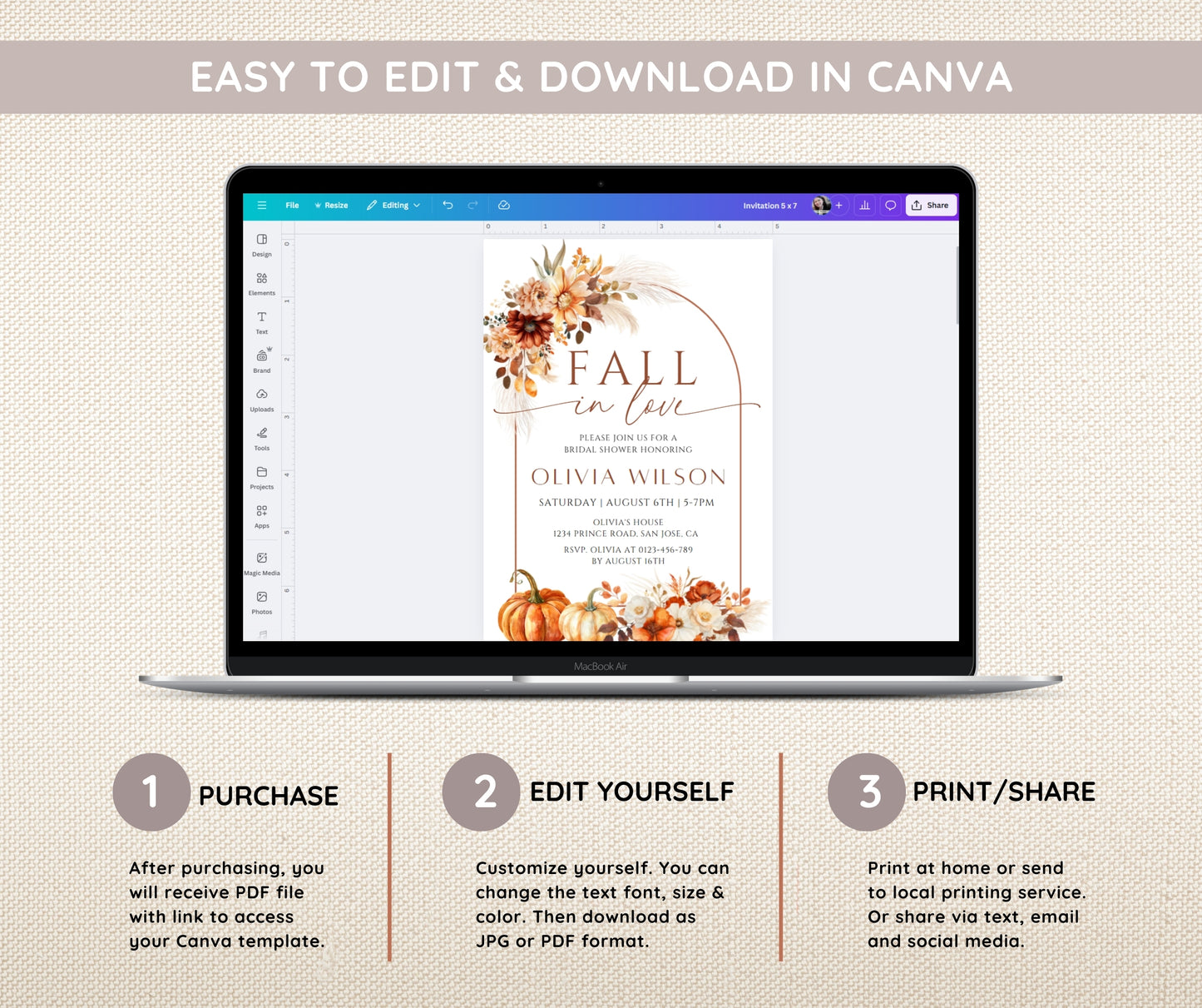 Fall in Love Bridal Shower Invitation Bundle, Pumpkin Bridal Shower Invite & Games, Pampas Floral Autumn Wedding Shower, Editable Template