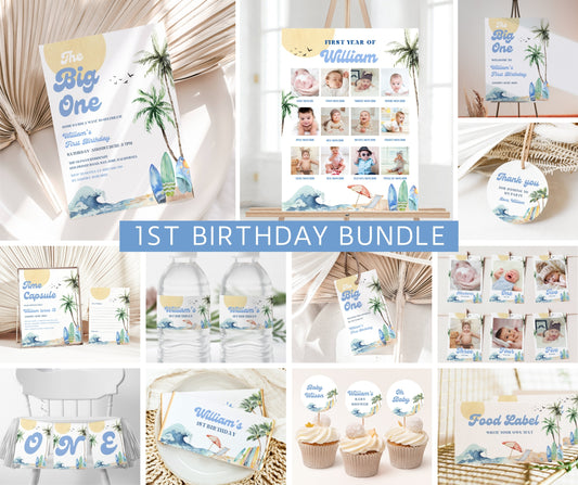 Big One Birthday Invitation Bundle, Surfboard 1st Birthday Invite Bundle, Surfing First Birthday Decor, Editable Template, Instant Download