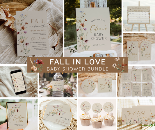 Fall in Love Baby Shower Bundle, Fall Wildflower Baby Shower Invitation & Games Bundle, Autumn Baby Sprinkle, Editable Template, Printable