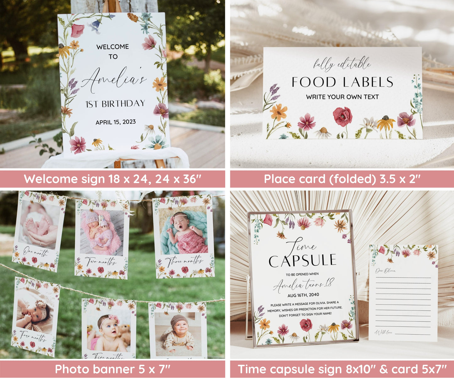 Wildflower Birthday Invitation Bundle, Little Wildflower First Birthday Invite Set, Girl 1st Birthday, First Birthday Decorations, Editable