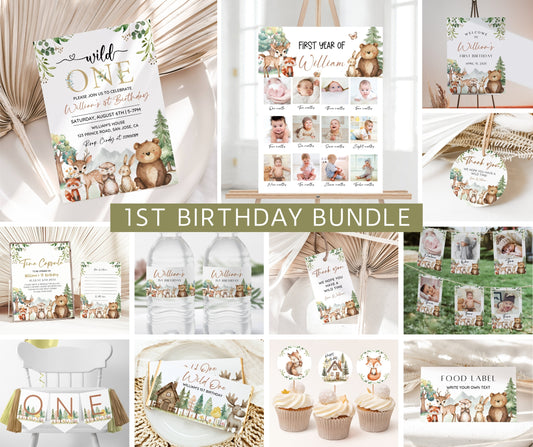 Wild One 1st Birthday Bundle, Boho Woodland First Birthday Invitation Set, Woodland Animal Birthday Invitation, 1st Birthday Bundle Editable