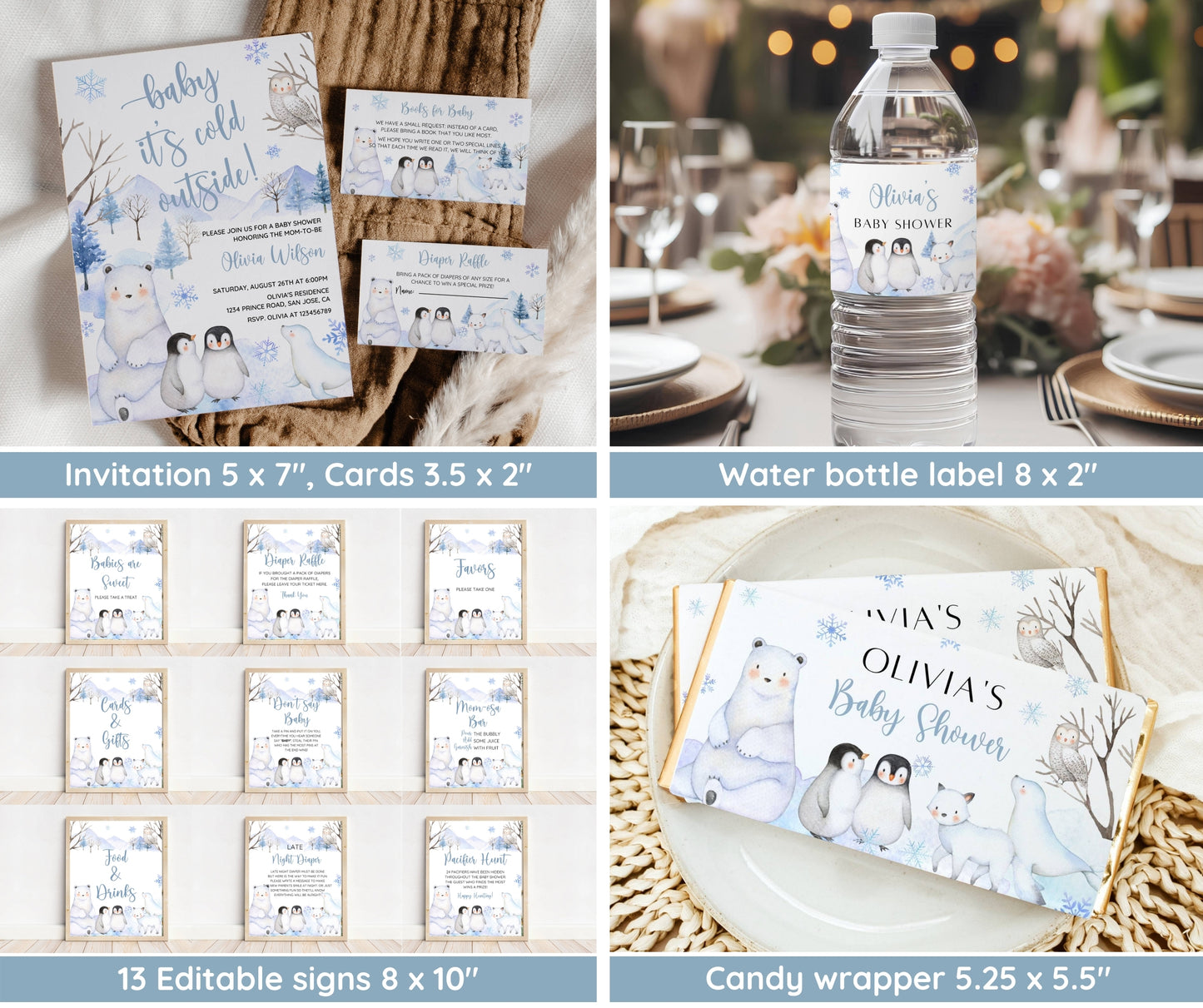 Winter Baby Shower Bundle, Baby It's Cold Outside Invitation & Games, Blue Snowflake Winter Wonderland Shower, Boy Baby, Editable Template