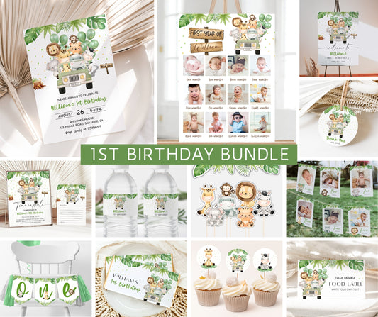 Safari 1st Birthday Bundle, Safari Wild One Birthday Bundle, Safari Animal Invitation Bundle, Editable, Boy, Balloon Decor Welcome Milestone