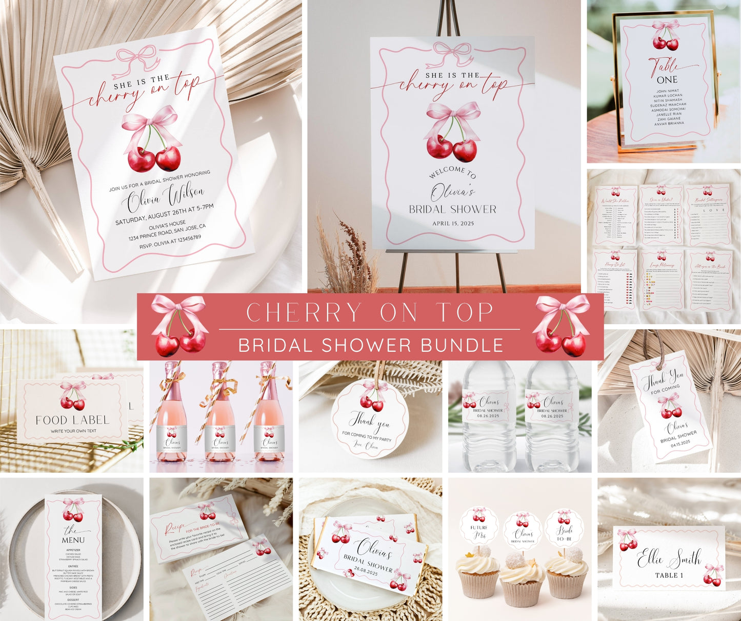 Cherry on Top Bridal Shower Bundle, Coquette Cherry Bow Wedding Shower Invitation Set, She's the Cherry on Top, Editable Template, Printable
