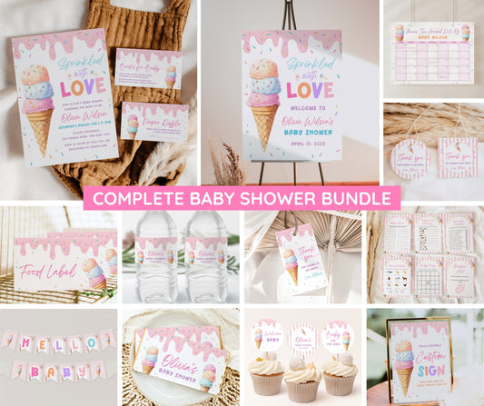 Baby Sprinkle Invitation Bundle, Sprinkled with Love Baby Shower Invite & Games, Ice Cream Cone Theme, Editable Canva Template, Printable