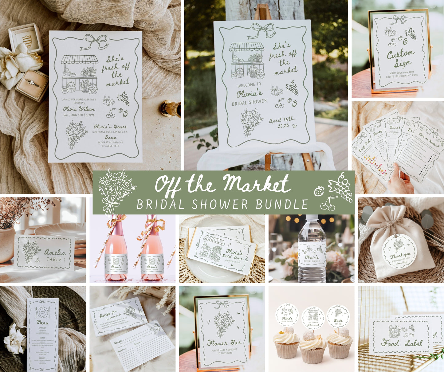 Fresh Off the Market Bridal Shower Bundle, Farmer's Market Bridal Shower Invitation & Games Bundle, Hand Drawn Floral Fruits Editable Template