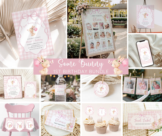 Bunny First Birthday Invitation Bundle, Some Bunny Is One Birthday Set, Pink Bow Rabbit Coquette Gingham Girl 1st Birthday Editable Template