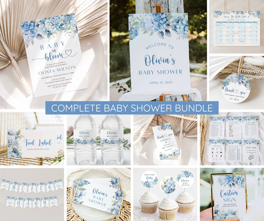 Blue Baby in Bloom Shower Bundle, Blue Hydrangea Baby Shower Invitation Set, Boy Baby Shower Decor, Dusty Blue Baby, Editable Canva Template