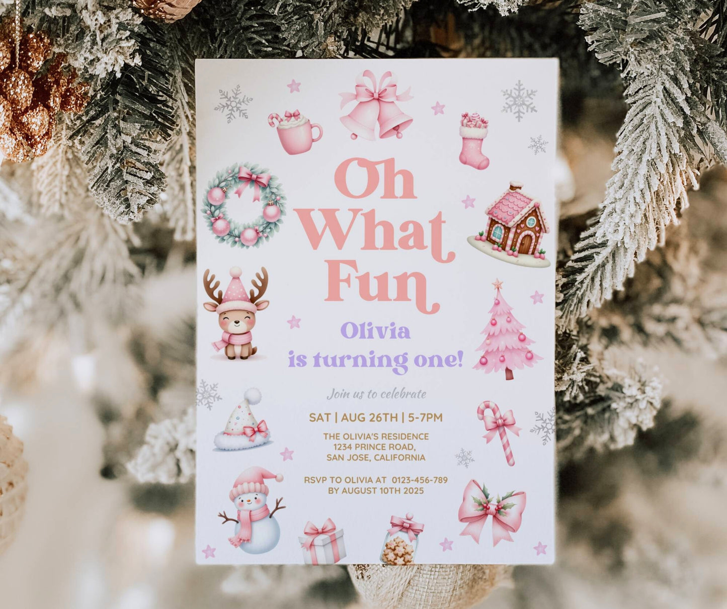 Christmas 1st Birthday Bundle, Oh What Fun It Is to Be One, Holiday Winter Girl Birthday Invitation & Decor, Pink December, Editable Template