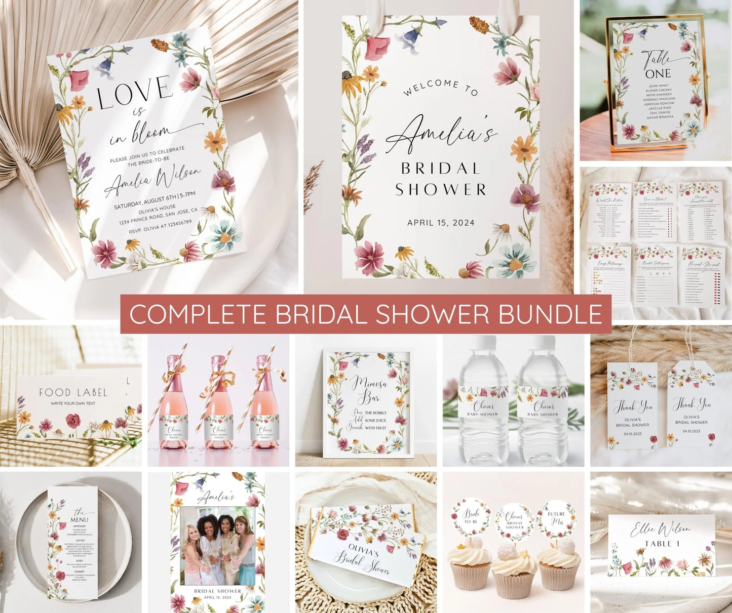 Wildflower Bridal Shower Invitation Bundle, Love Is In Bloom Bridal Shower Invite Template, Wildflower Floral Bridal Shower Decor, EDITABLE