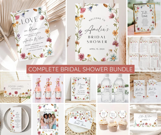 Wildflower Bridal Shower Invitation Bundle, Love Is In Bloom Bridal Shower Invite Template, Wildflower Floral Bridal Shower Decor, EDITABLE