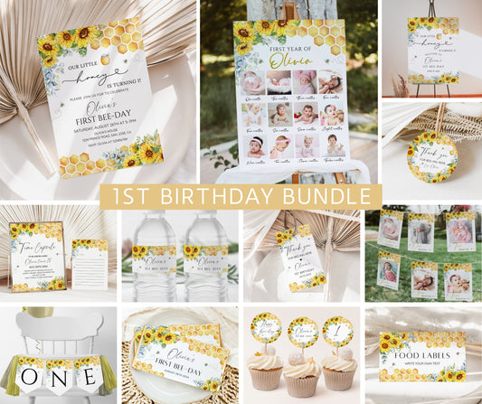 First Bee Day Invitation Bundle, A Little Honey First Birthday Pack, Sunflower Bee Decor, Birthday Girl, Milestone, Welcome Sign, Editable