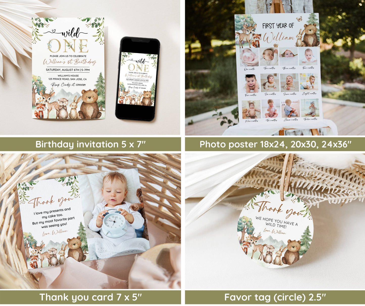 Wild One 1st Birthday Bundle, Boho Woodland First Birthday Invitation Set, Woodland Animal Birthday Invitation, 1st Birthday Bundle Editable