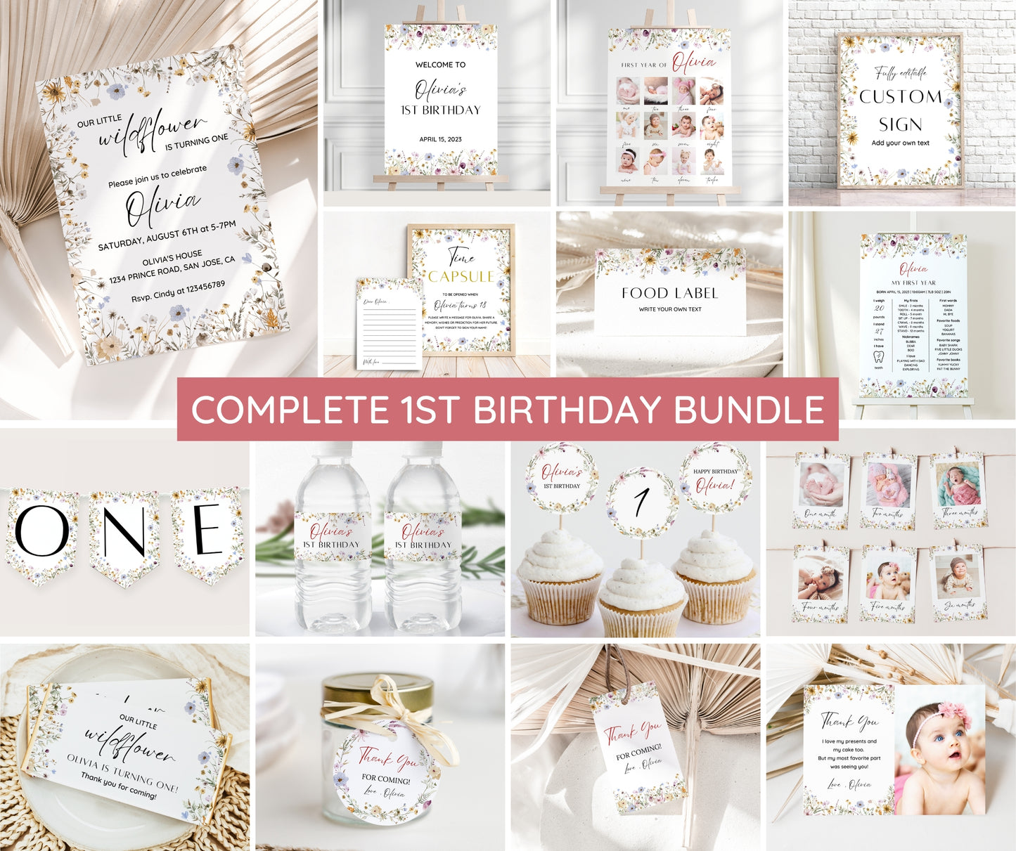 Wildflower Birthday Invitation Bundle, Wildflower First Birthday Invitation, Girl 1st Birthday, First Birthday Decorations, Wildflower Boho