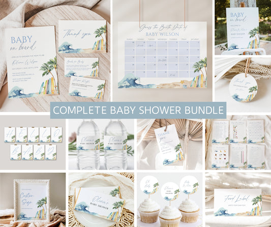 Baby on Board Baby Shower Bundle – Surfboard Beach Invitation Suite | Editable Template, Printable Decor, Instant Download