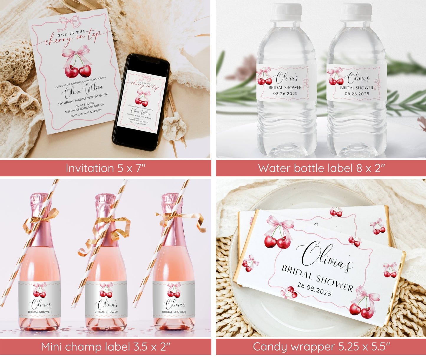 Cherry on Top Bridal Shower Bundle, Coquette Cherry Bow Wedding Shower Invitation Set, She's the Cherry on Top, Editable Template, Printable