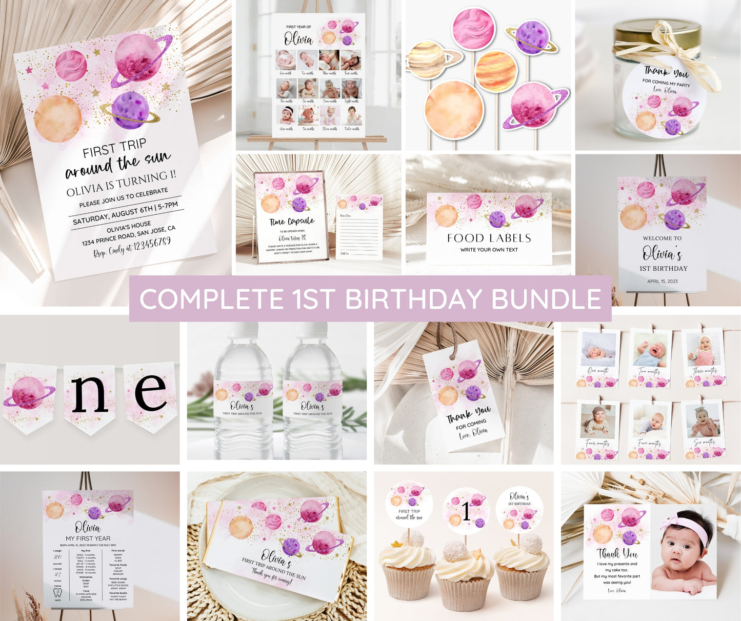First Trip Around The Sun Birthday Invitation Bundle, Editable Space Invitation 1st Birthday, Space Birthday Decoration, First Birthday Girl