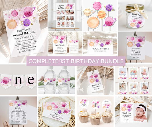 First Trip Around The Sun Birthday Invitation Bundle, Editable Space Invitation 1st Birthday, Space Birthday Decoration, First Birthday Girl