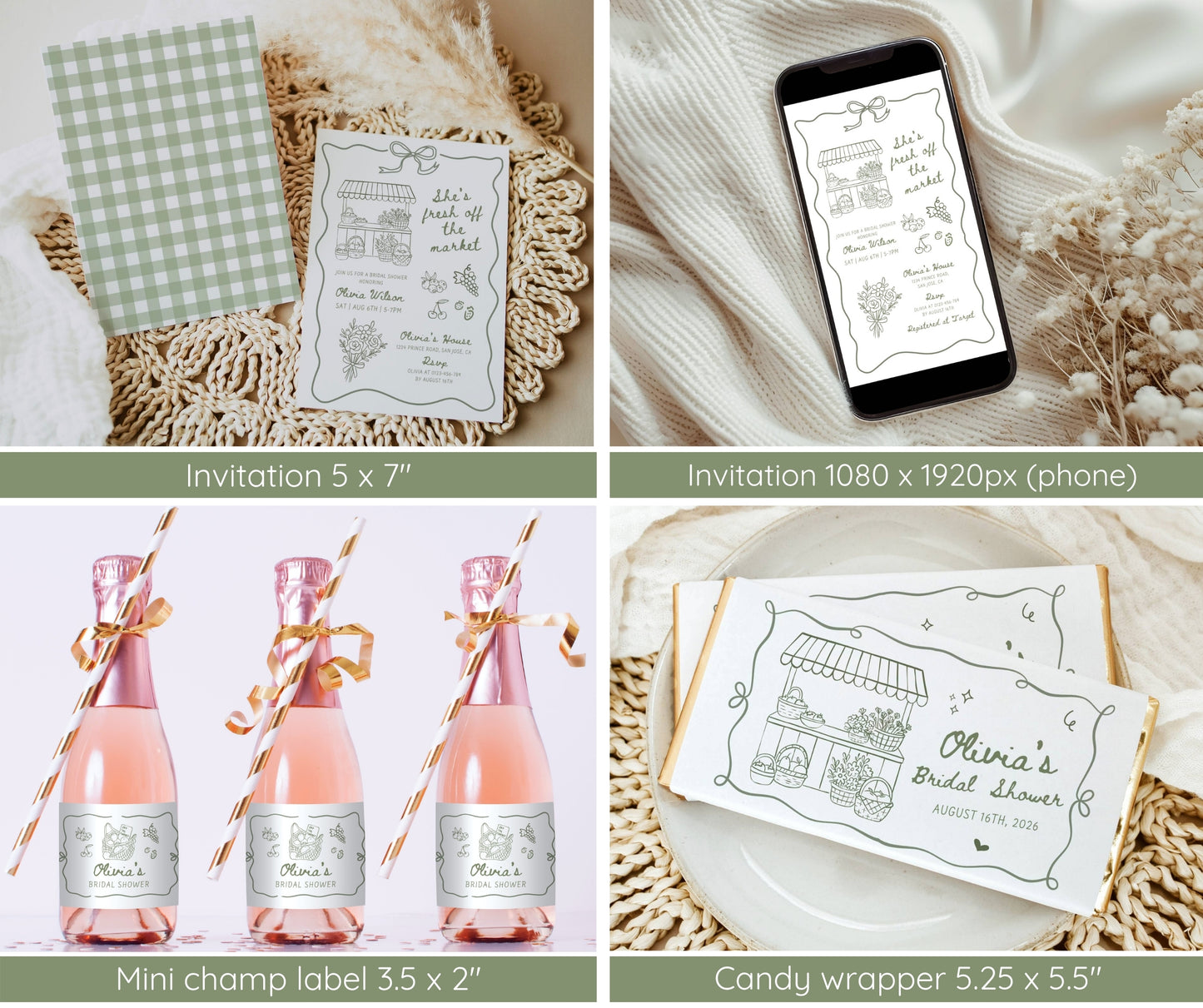 Fresh Off the Market Bridal Shower Bundle, Farmer's Market Bridal Shower Invitation & Games Bundle, Hand Drawn Floral Fruits Editable Template