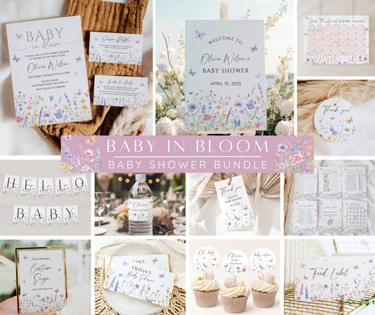 Baby in Bloom Baby Shower Bundle, Editable Wildflower Baby Shower Invitation & Games, Spring Floral Baby Sprinkle, Printable Template