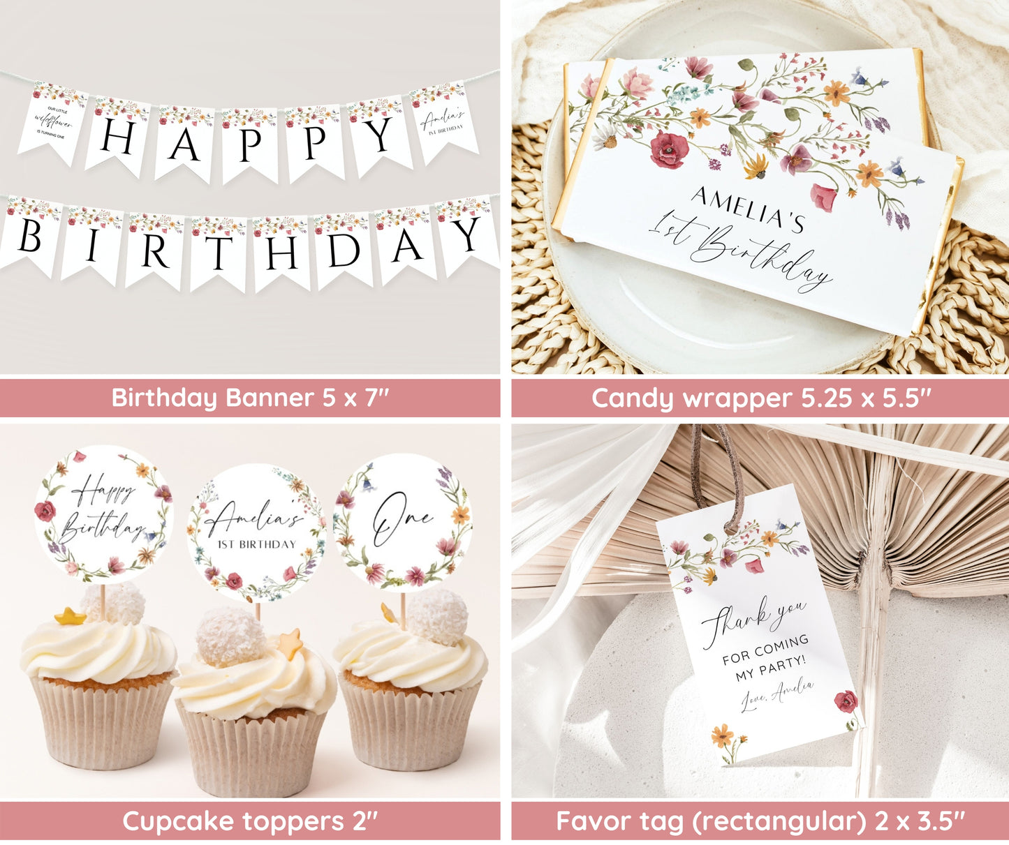 Wildflower Birthday Invitation Bundle, Little Wildflower First Birthday Invite Set, Girl 1st Birthday, First Birthday Decorations, Editable