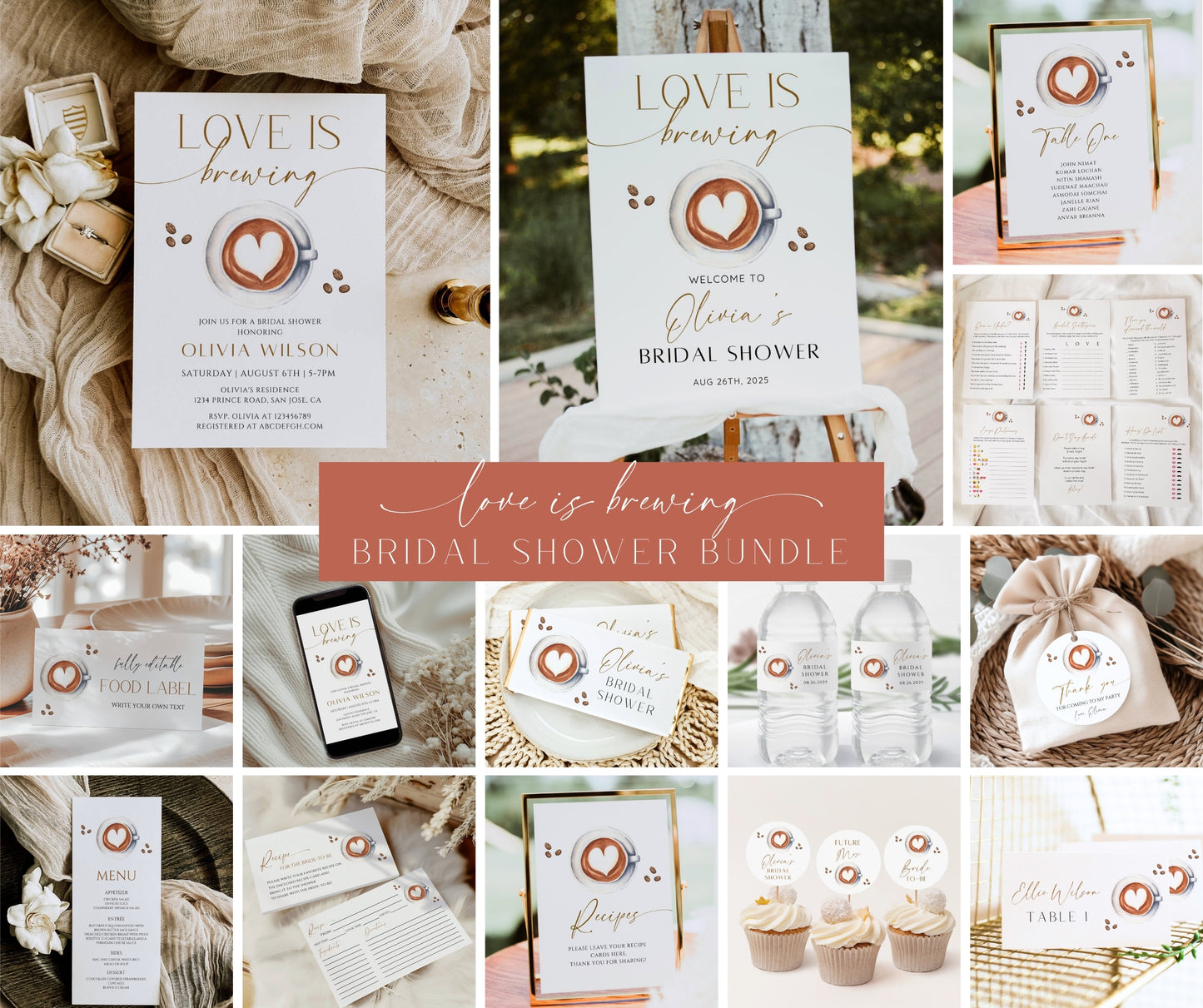 Coffee Bridal Shower Bundle | Love Is Brewing Bridal Shower Invitation Bundle | Bridal Shower Invite + Games | Editable Canva Template | Instant Download