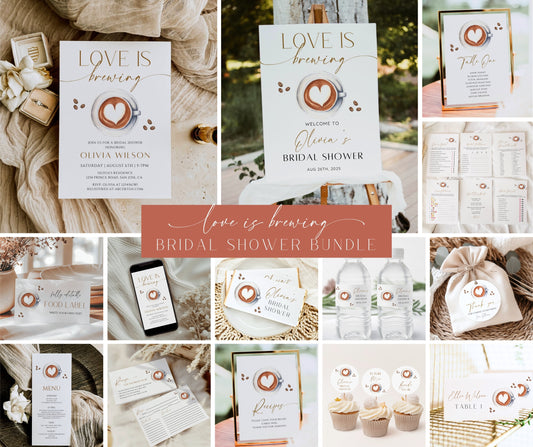 Coffee Bridal Shower Bundle | Love Is Brewing Bridal Shower Invitation Bundle | Bridal Shower Invite + Games | Editable Canva Template | Instant Download