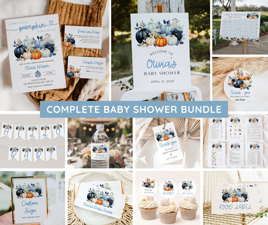 Little Pumpkin Baby Shower Boy Bundle, Fall Baby Shower Invitation & Games, A Little Pumpkin Is On The Way, Editable Canva Template