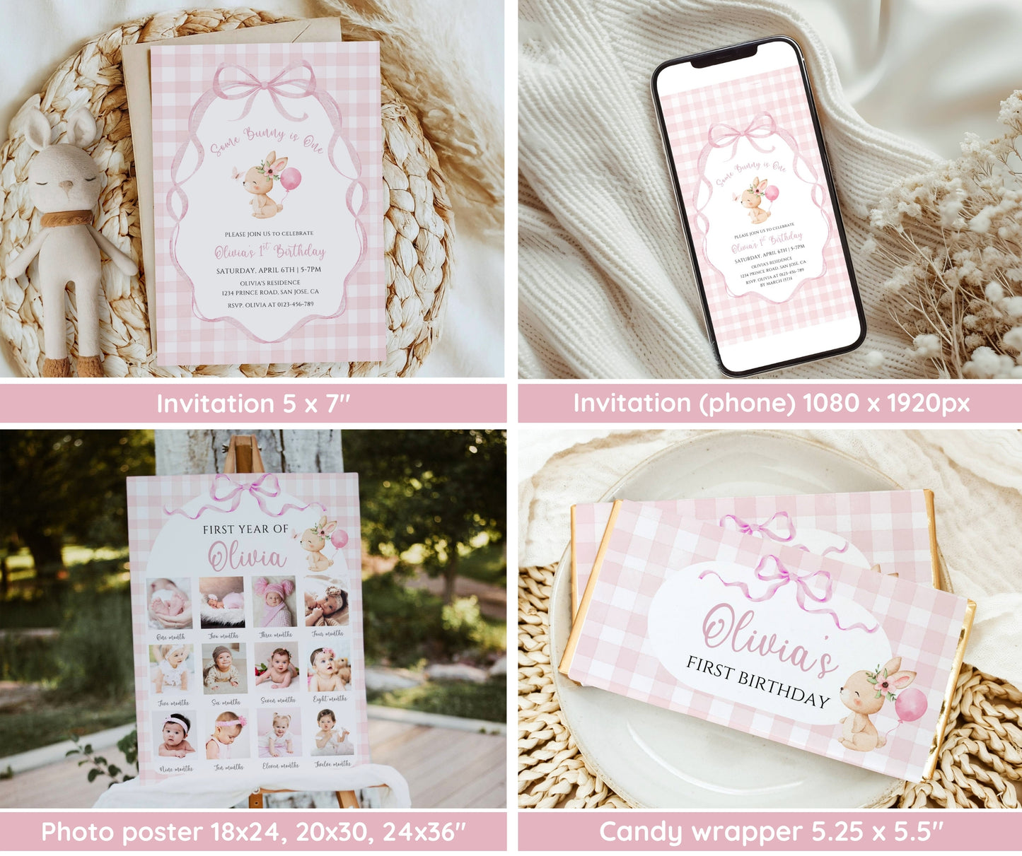 Bunny First Birthday Invitation Bundle, Some Bunny Is One Birthday Set, Pink Bow Rabbit Coquette Gingham Girl 1st Birthday Editable Template