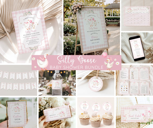 Silly Goose Baby Shower Bundle, Coquette Bow Goose Invitation & Games, Pink Gingham Decor, Preppy Girl Baby Shower, Editable Canva Template