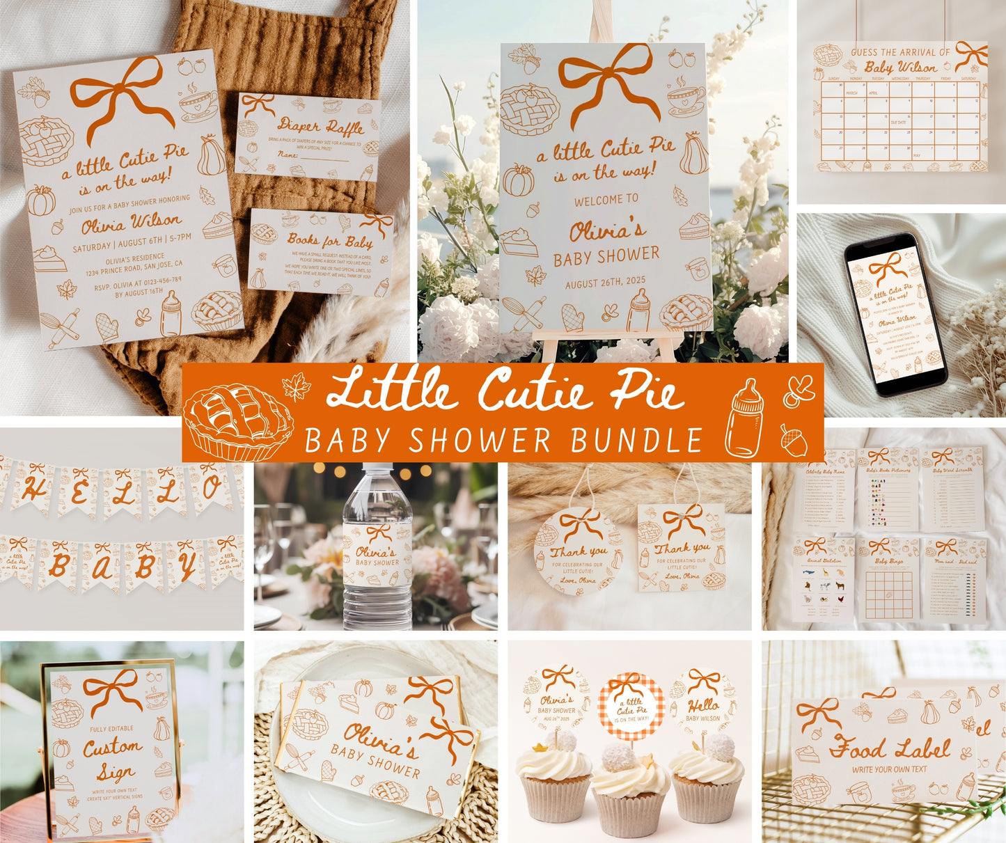 Cutie Pie Baby Shower Bundle, Hand Drawn Fall Baby Shower Invitation & Games, A Little Cutie Pie is on the Way, Editable Template, Canva