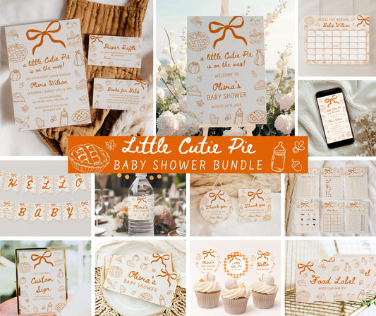 Cutie Pie Baby Shower Bundle, Hand Drawn Fall Baby Shower Invitation & Games, A Little Cutie Pie is on the Way, Editable Template, Canva